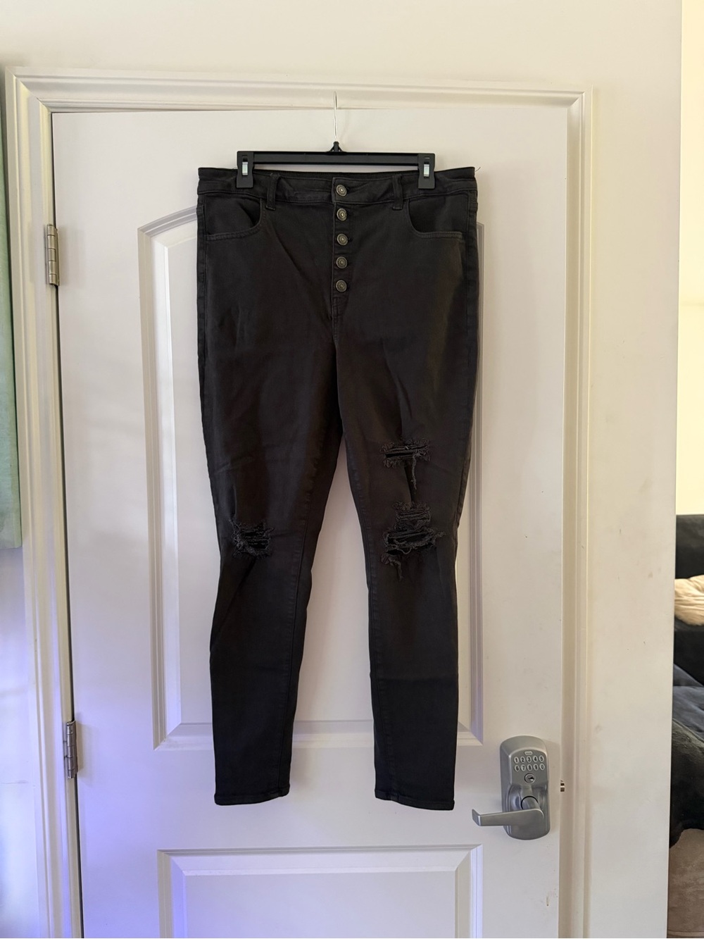 American Eagle Outfitters High-Rise Black Distressed Button-Fly Jeans